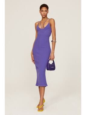 RTR AKNVAS Sz L Purple Evelyn Ribbed Knit Strappy Bodycon Midi Dress Sexy